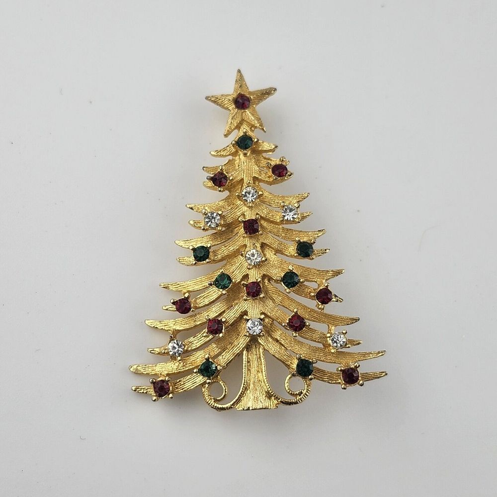 Vintage MYLU Gold Tone Christmas Tree Brooch Pin Red &‎ Green Rhinestones Signed